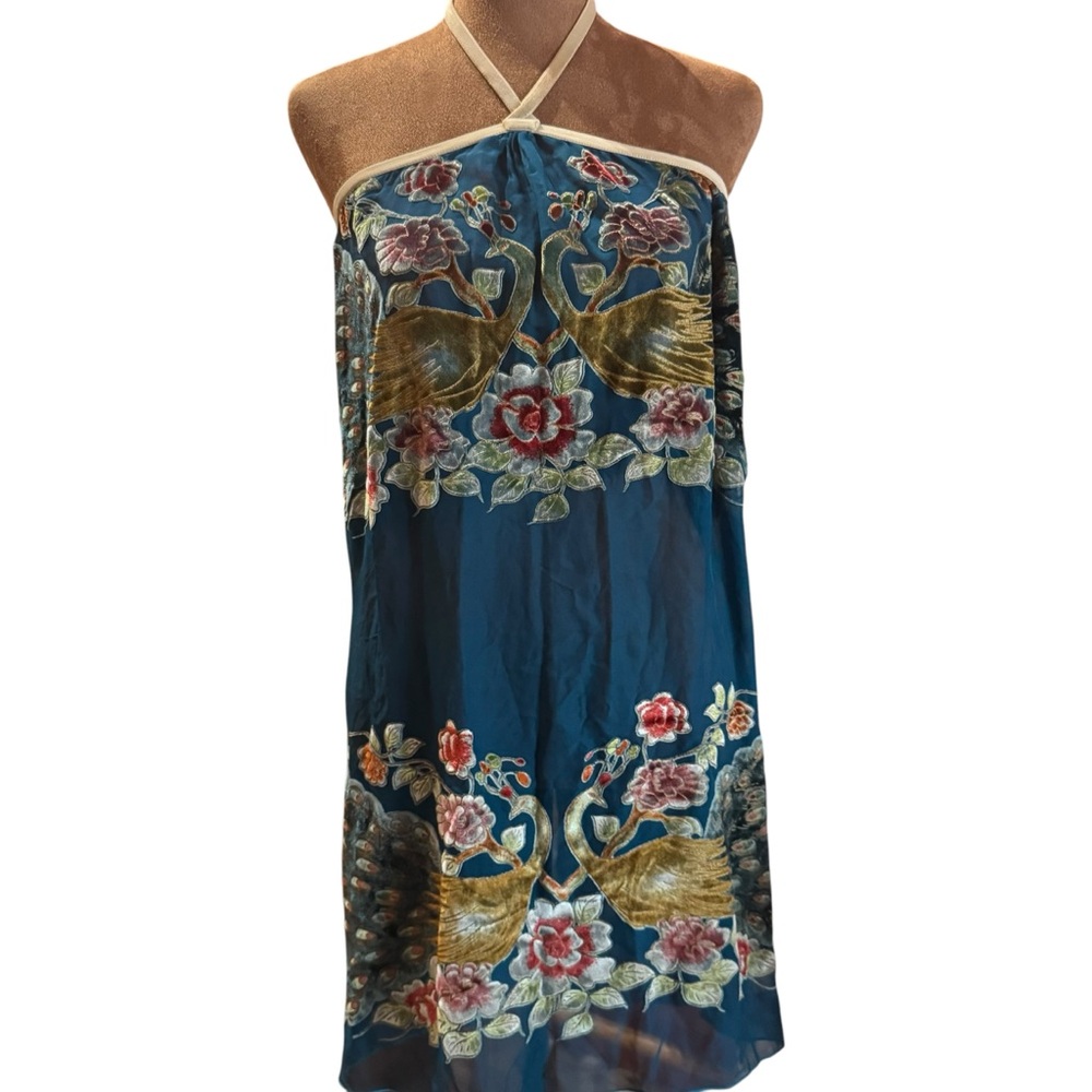 Peacock Print Halter Dress Large